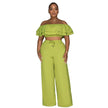 “Women Off-Shoulder 2-Piece Set – Ruffled Crop Top & Wide-Leg Pants”