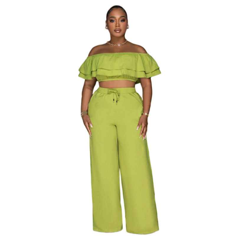 “Women Off-Shoulder 2-Piece Set – Ruffled Crop Top & Wide-Leg Pants”