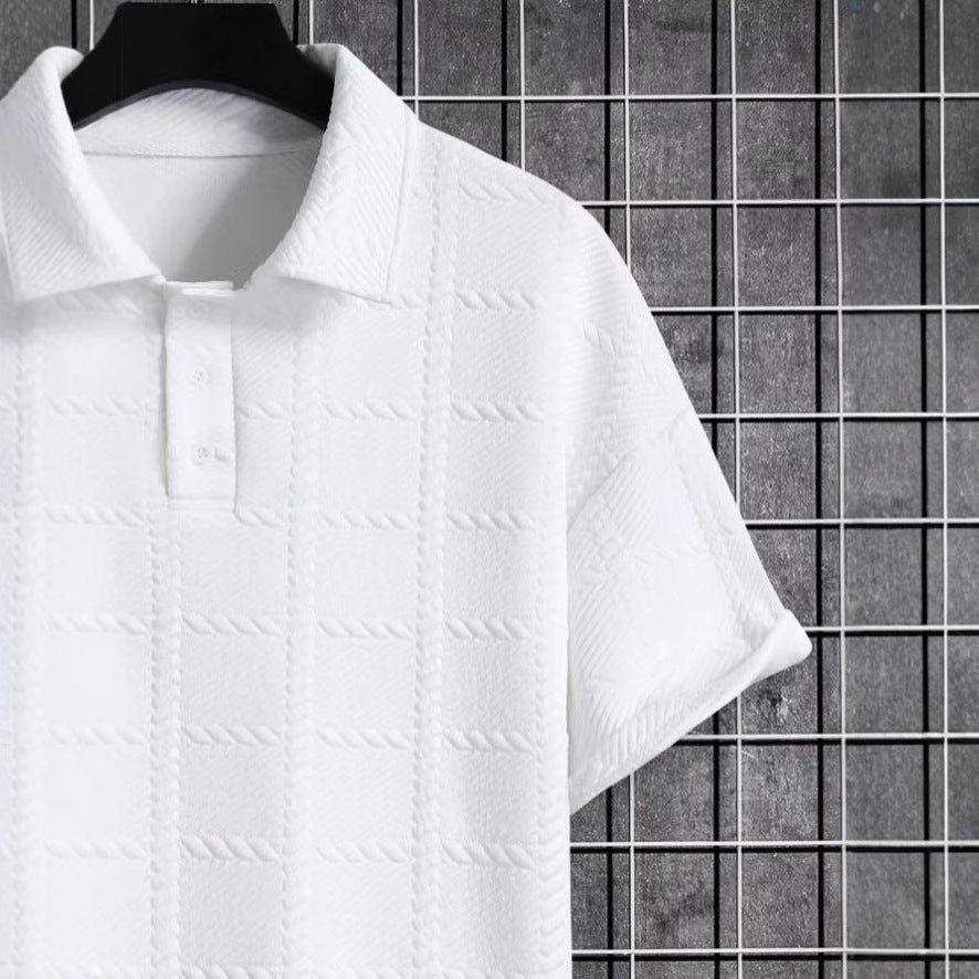Men’s Textured Short Sleeve Polo Shirt – Casual Turn-Down Collar Summer Top