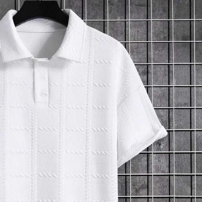 Men’s Textured Short Sleeve Polo Shirt – Casual Turn-Down Collar Summer Top