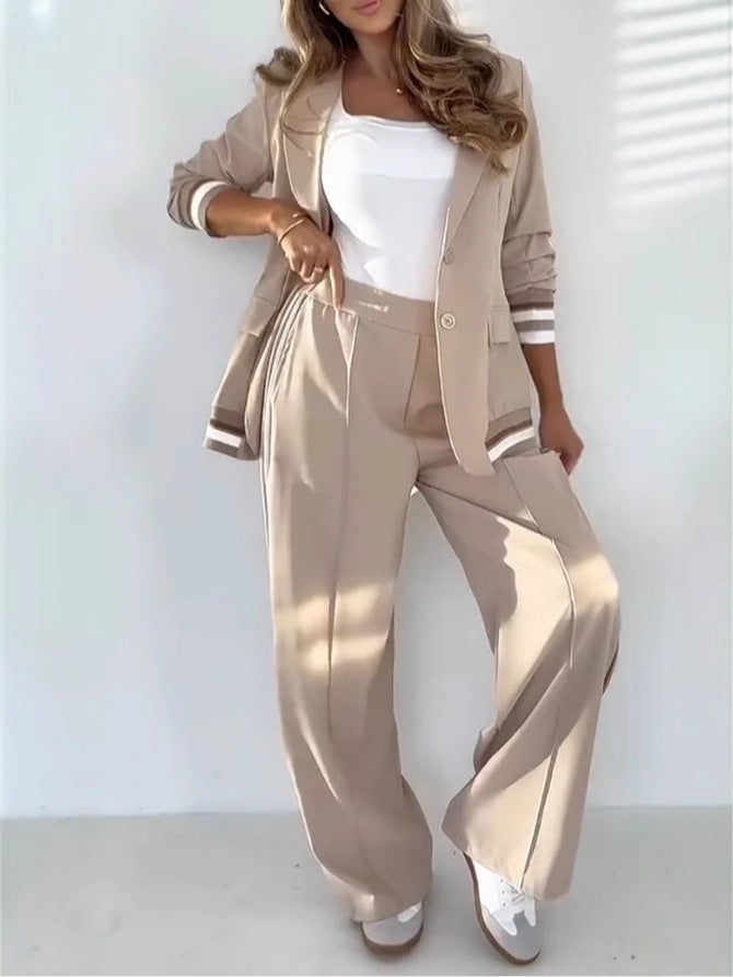Women’s Lapel Collar Blazer & Wide Leg Pants Set – Elegant Long Sleeve Jacket High Waist Trousers 2 Piece Office Suit
