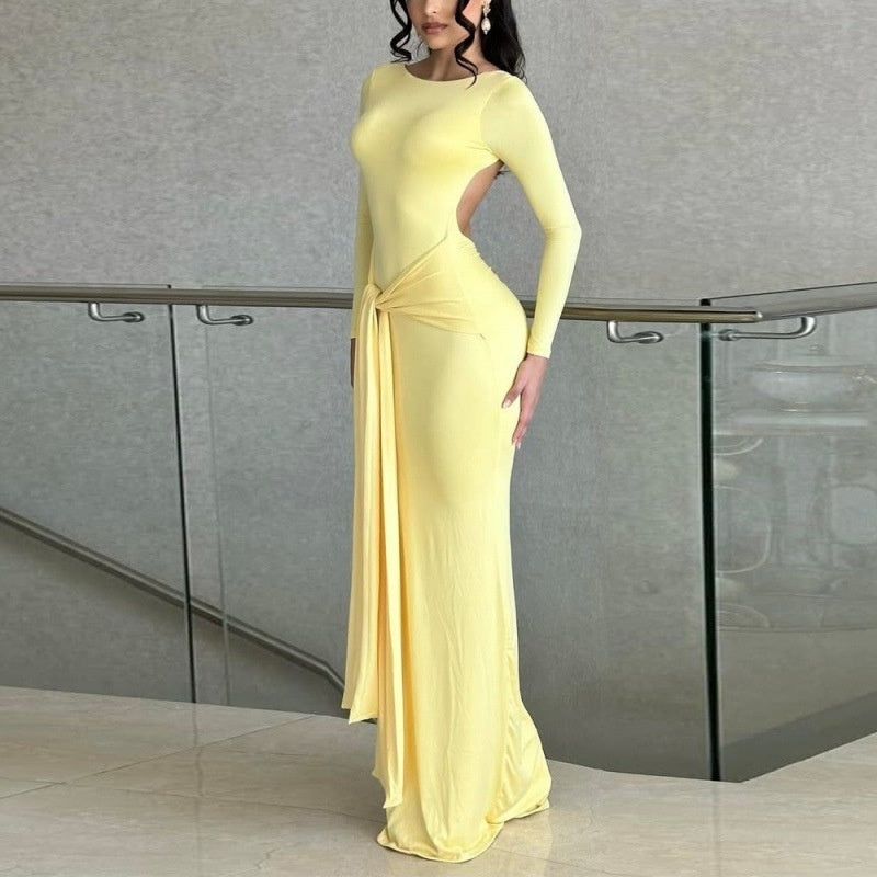Solid Color Backless Dress for Women – Elegant Long Sleeve Autumn Slim Fit Dress