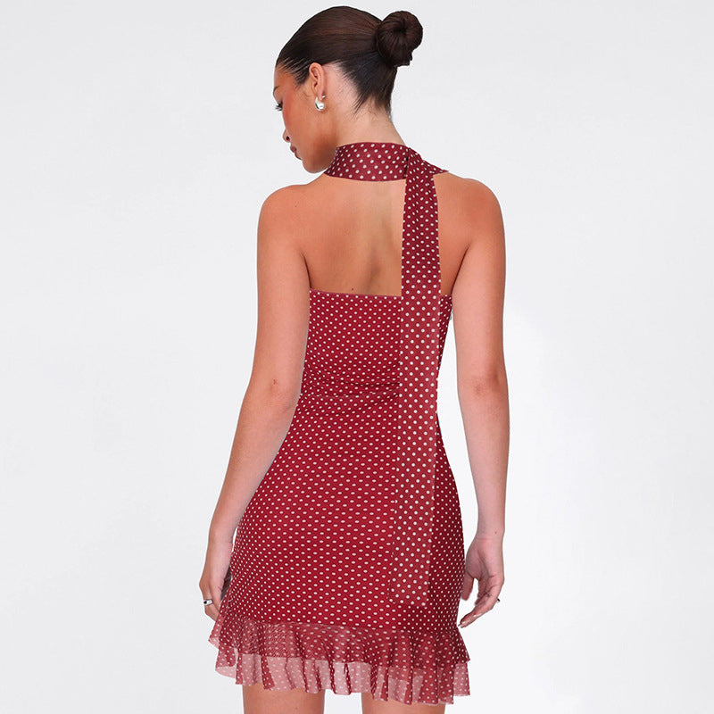 Fashionable Polka-Dot Bodycon Sexy Strapless Dress With Lace Trim