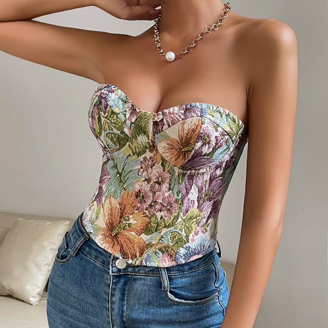 Floral Print Tube Vest Top With Back-tied Design