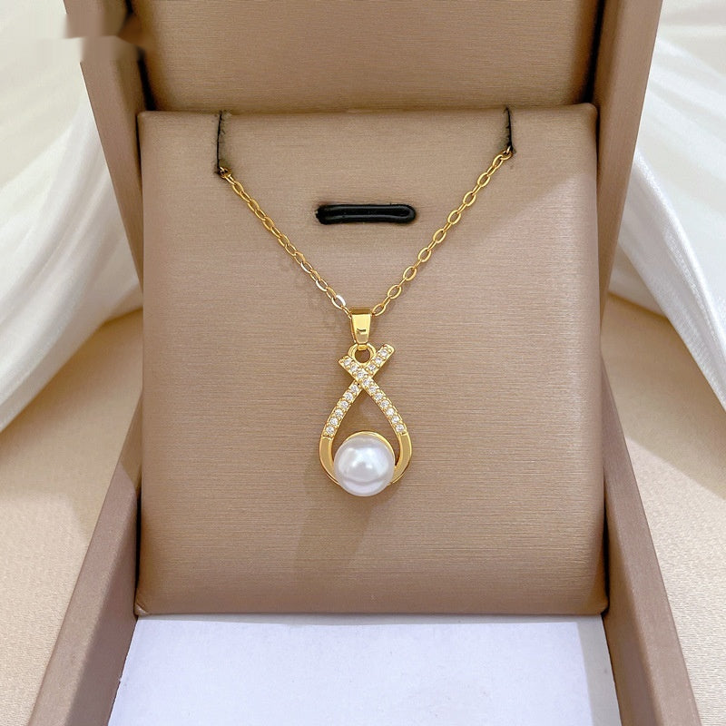Light-Luxury Cross-Design Diamond-Encrusted Pearl Necklace Set