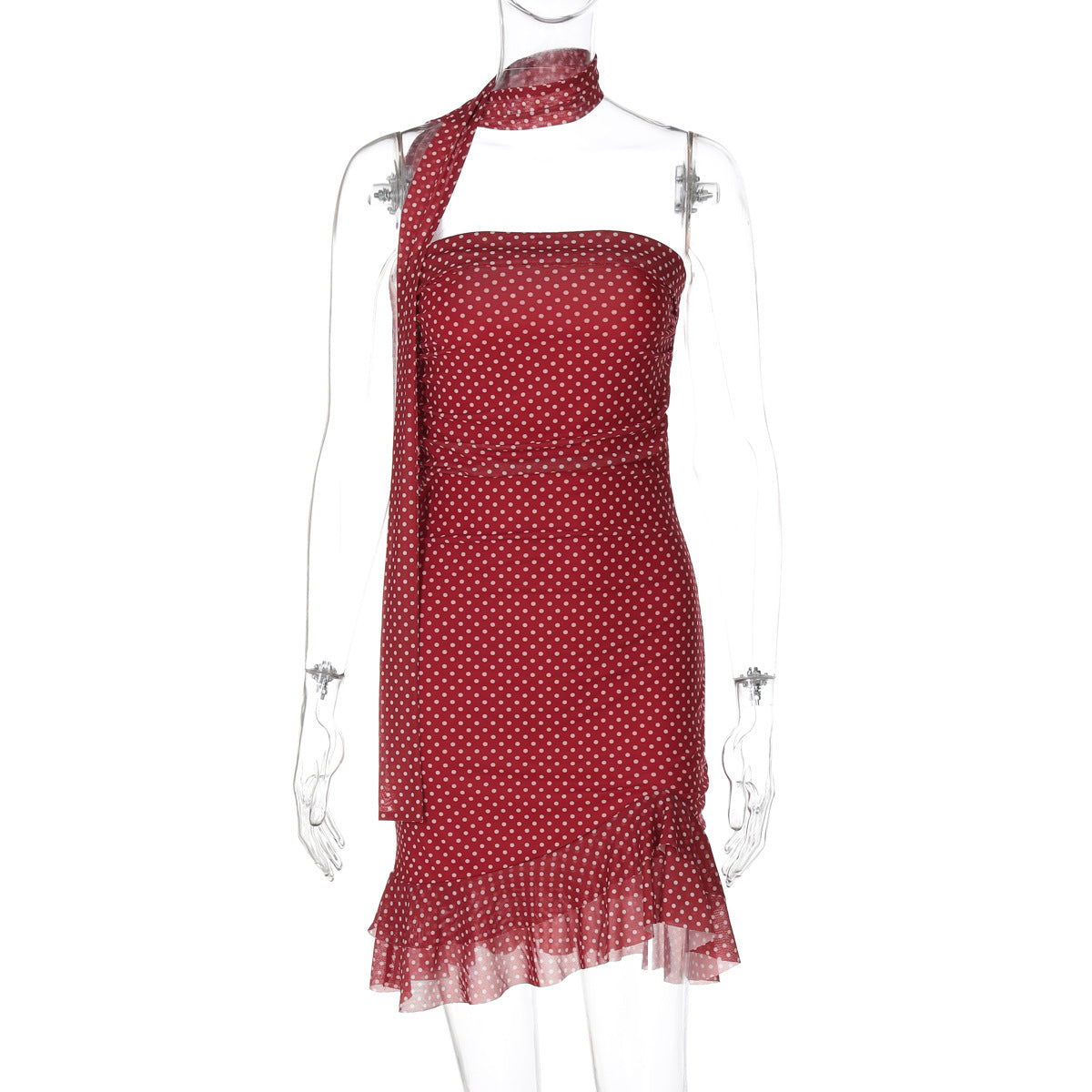 Fashionable Polka-Dot Bodycon Sexy Strapless Dress With Lace Trim