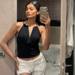 Women’s Low-Cut Plunging Metal Halter Bodycon Tank Top