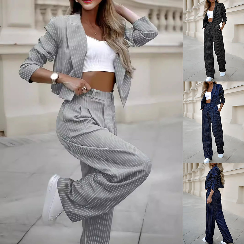 “Women’s Spring Striped Suit Set – Casual Lapel Cropped Top & Straight Pants Outfit”