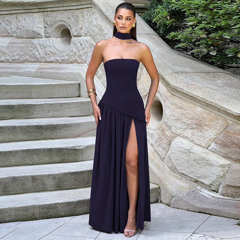 Pure Color Split Backless Elegant Streamer Dress