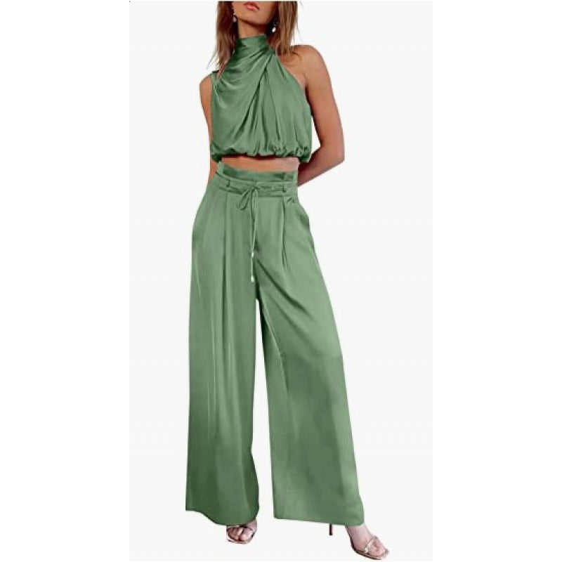 “Women Summer 2-Piece Set – Sleeveless Crop Top & Wide Leg Pants Casual Outfit”