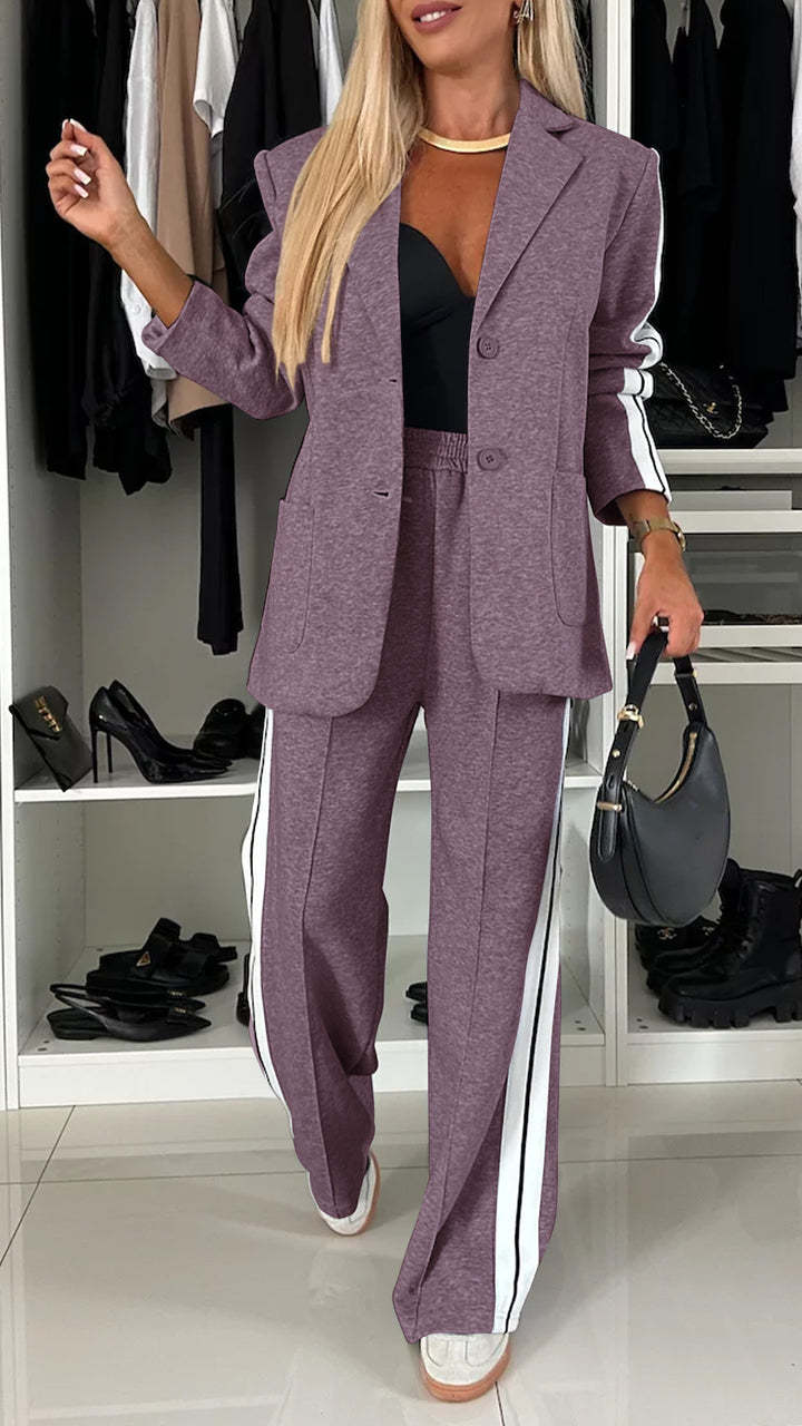 Women’s Lapel Single-Breasted Blazer & Striped Straight Leg Pants Set – Casual 2 Piece Suit Office Fashion Outfit