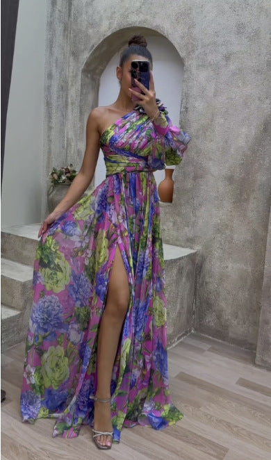 Floral Print One Shoulder Split Maxi Dress – Sexy Long Sleeve Summer Beach Vacation Dress for Womenn