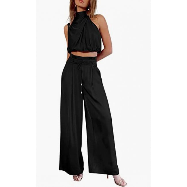 “Women Summer 2-Piece Set – Sleeveless Crop Top & Wide Leg Pants Casual Outfit”