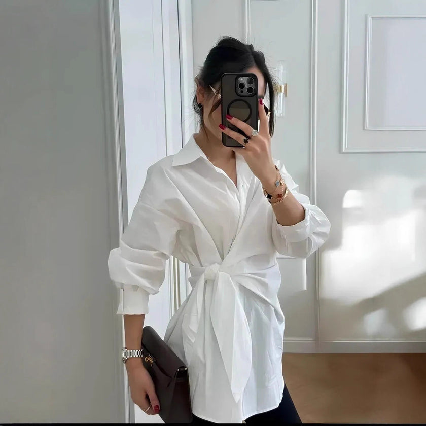 Solid Turn-Down Collar Single Breasted Tie Waist Slim Fit Shirt