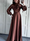 Satin Plunge Collar Long-Sleeve Strappy Maxi Dress