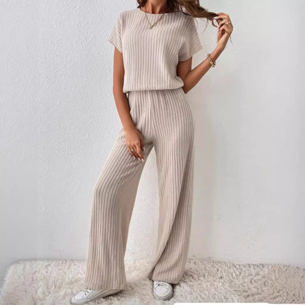 “Women’s Knitted Two-Piece Set – Loose Wide-Leg Pants & Matching Top”
