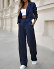 “Women’s Spring Striped Suit Set – Casual Lapel Cropped Top & Straight Pants Outfit”