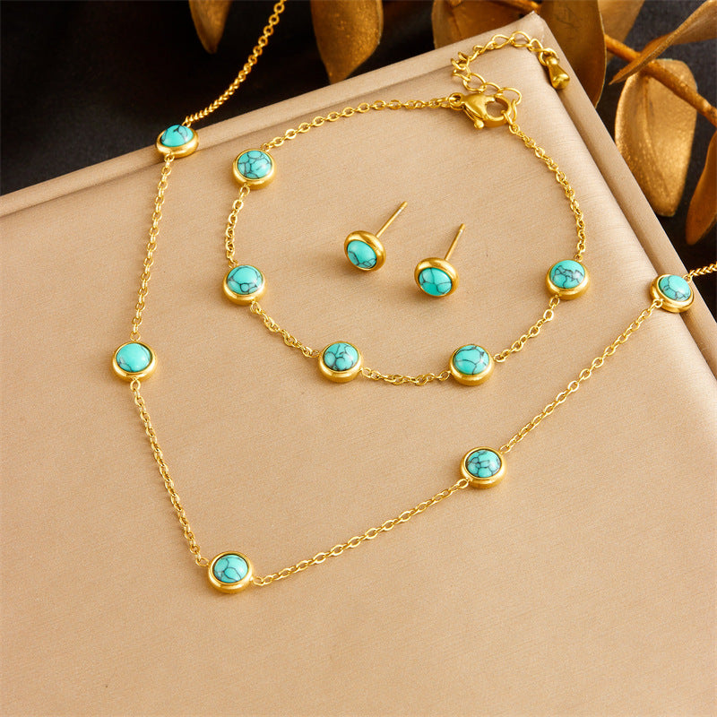 Retro Turquoise Blue Stainless Steel Jewelry Set