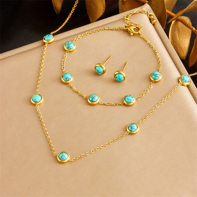 Retro Turquoise Blue Stainless Steel Jewelry Set