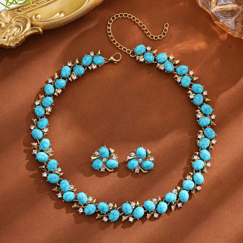 Turquoise Pearl Necklace And Earrings Suite