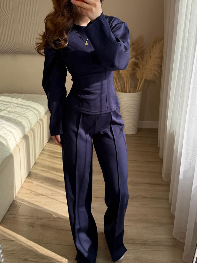 Chic Long Sleeve O-Neck Top and High Waist Pants Two Piece Set