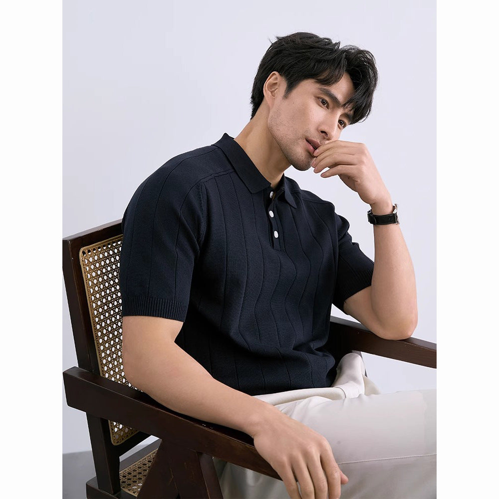 Men’s Ice Silk Striped Knit Shirt – Slim Fit Short Sleeve Summer Top