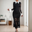 Elegant Lace Long Sleeve Lapel Color  Dress