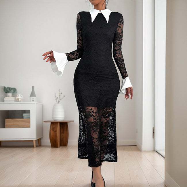 Elegant Lace Long Sleeve Lapel Color  Dress