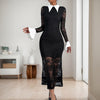 Elegant Lace Long Sleeve Lapel Color  Dress