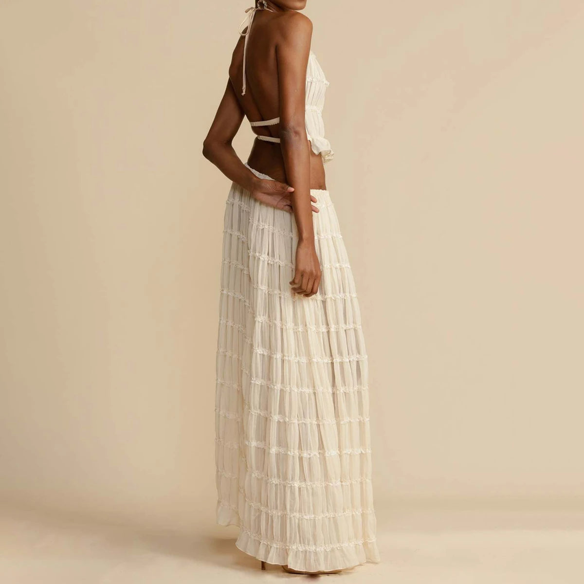 “2-Piece Women’s Summer Dress Set – Sexy Sleeveless Backless Cropped Halter Top & Pleated Long Skirt”