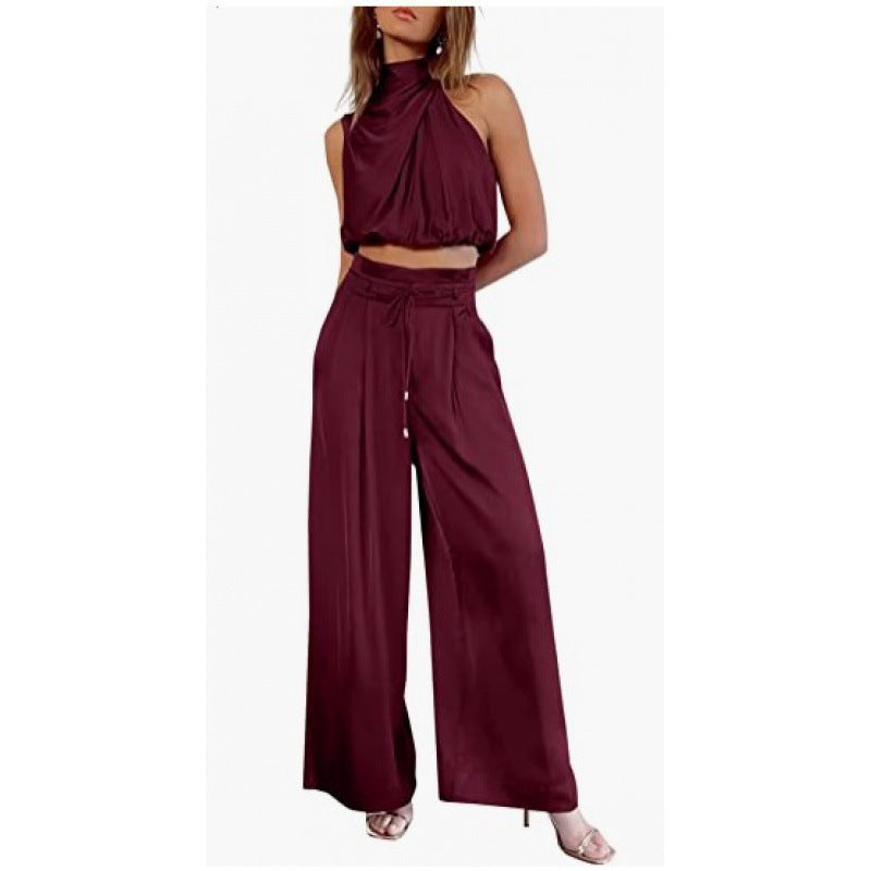 “Women Summer 2-Piece Set – Sleeveless Crop Top & Wide Leg Pants Casual Outfit”