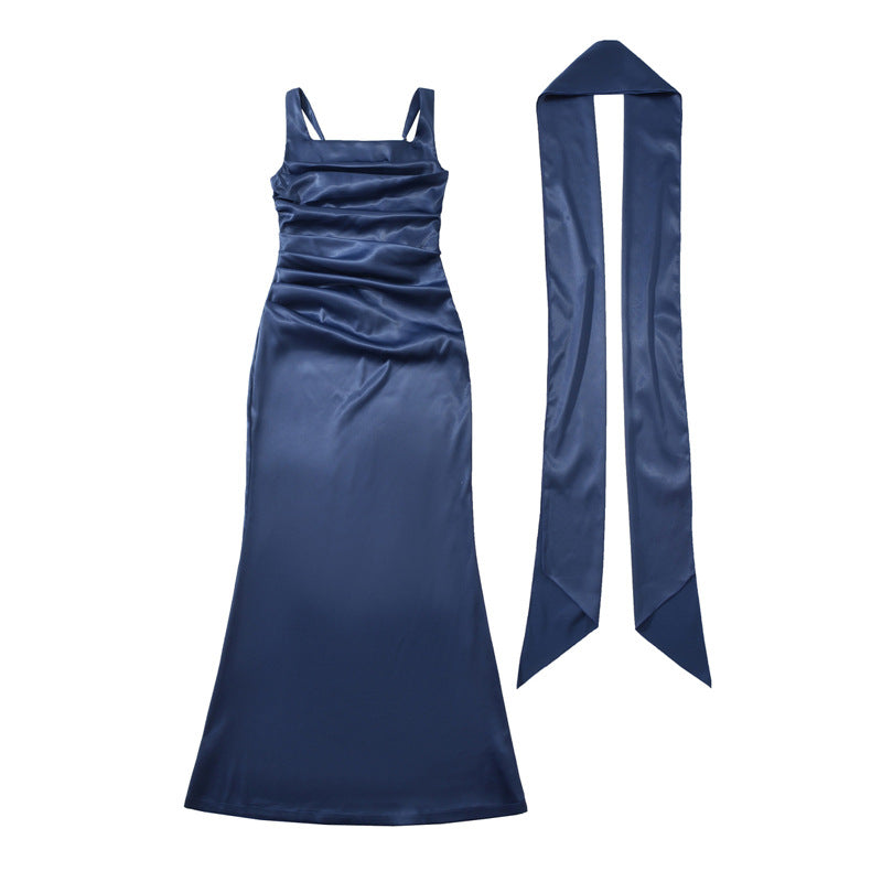 Elegant Strapless Square Neck Bodycon Dress – Pleated Waist Slim Fit Sheath Party & Clubwear for Women
