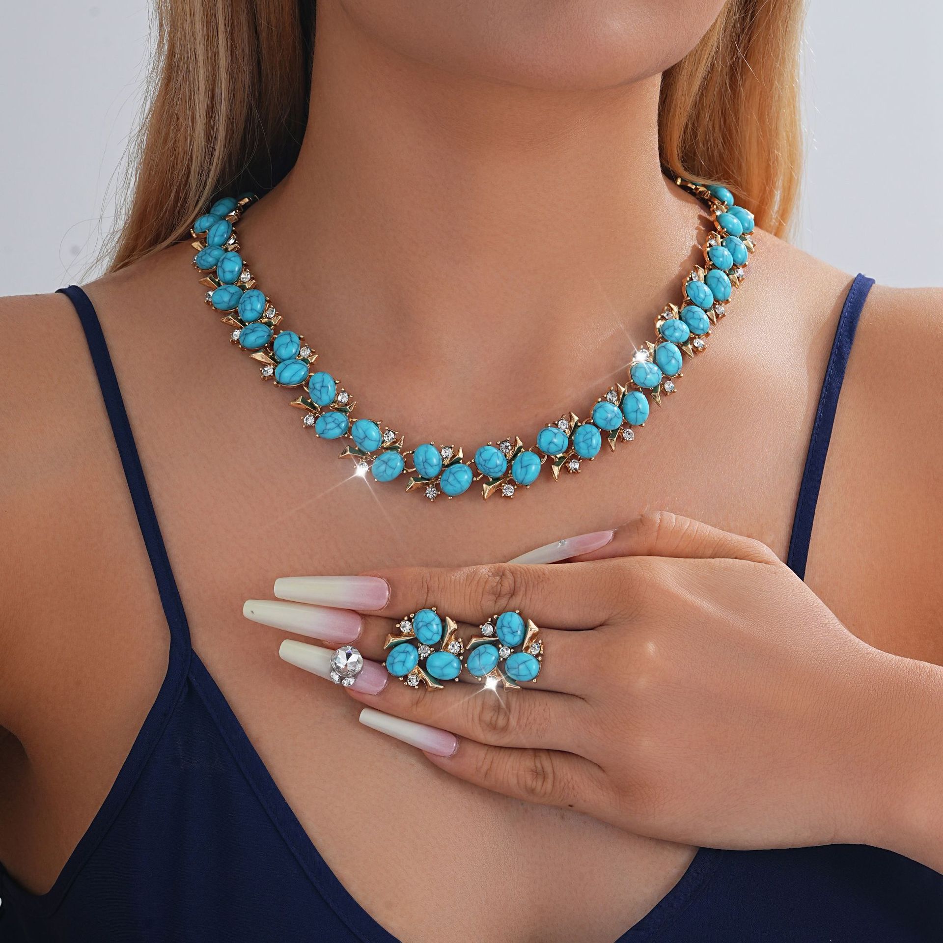 Turquoise Pearl Necklace And Earrings Suite