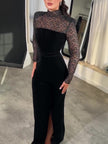 Black Long Sleeve Lace Velvet Bodycon Dress Two Piece Set