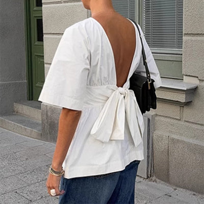 Backless Short Sleeve T-shirt With Back-tied