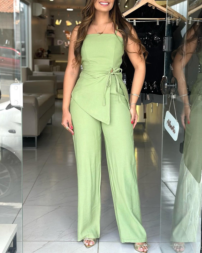 Fashionable Strap-Design Suspender Wide-Leg Pants Loose Set
