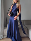 Royal Blue Satin Sleeveless Maxi Dress