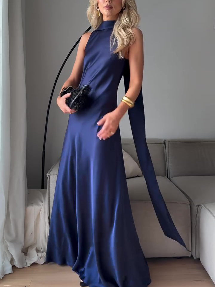 Royal Blue Satin Sleeveless Maxi Dress