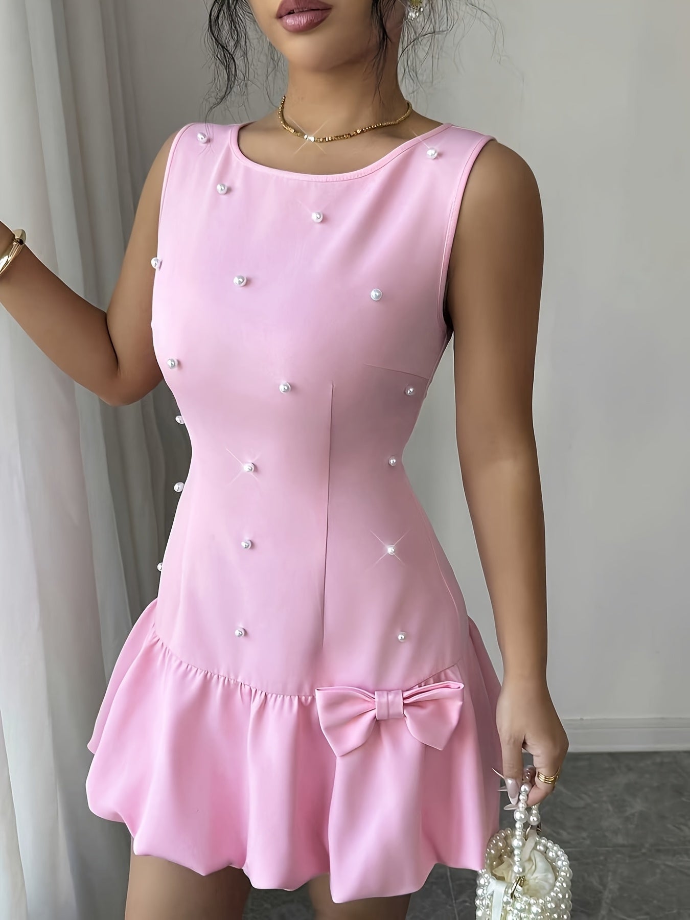 French Elegant Pearl Bow Mini Dress – Sleeveless Round Neck Summer Chic Outfit
