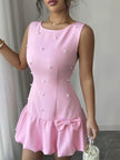 French Elegant Pearl Bow Mini Dress – Sleeveless Round Neck Summer Chic Outfit