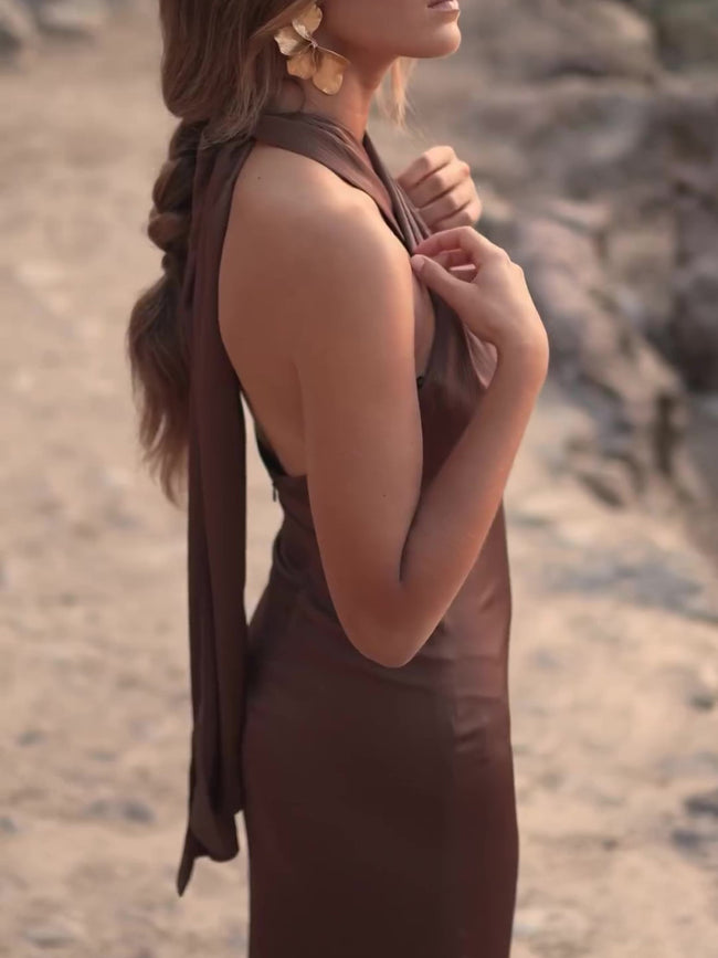Solid Color Halterneck Maxi Dress