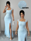 French Romantic Knitted Lace Dress, Elegant Slim Fit High Slit Summer Dress