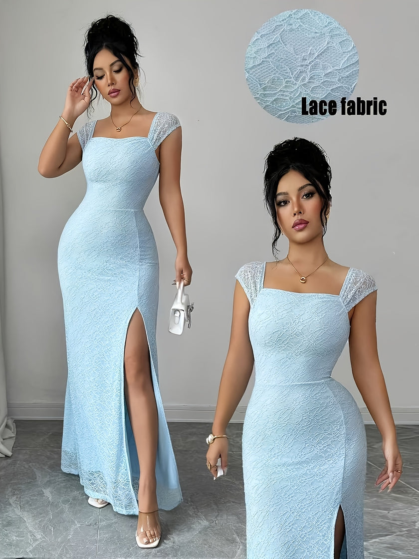French Romantic Knitted Lace Dress, Elegant Slim Fit High Slit Summer Dress