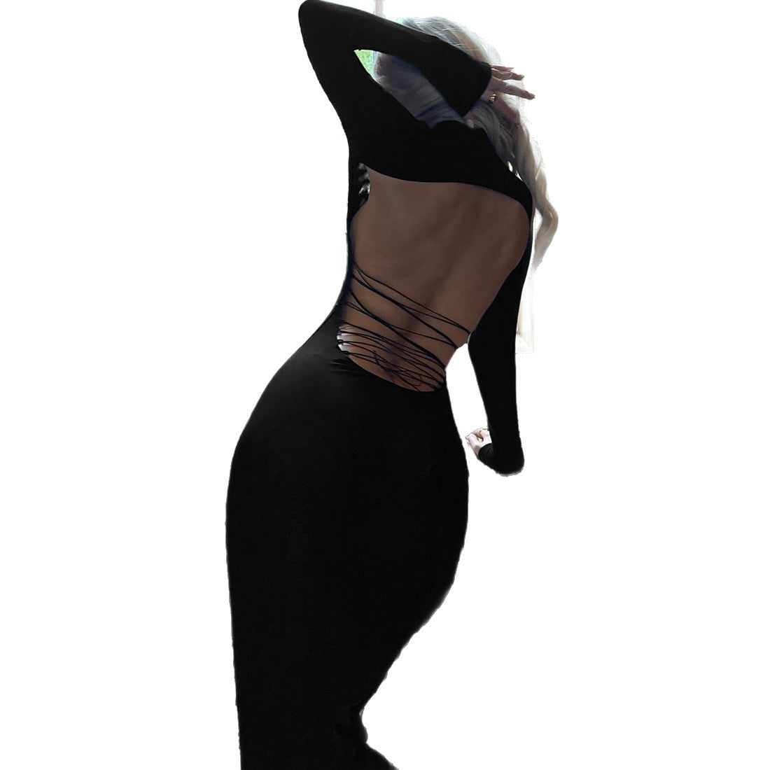 New Fallwinter Elegant Solid-color High-neck Bodycon Sexy Backless Lace-up Dress