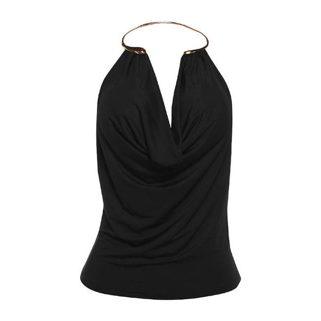 Women’s Low-Cut Plunging Metal Halter Bodycon Tank Top