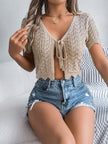 Women’s Tie Front Hollow Out Cropped Knit Cover-Up – Short Sleeve Summer Top