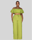 “Women Off-Shoulder 2-Piece Set – Ruffled Crop Top & Wide-Leg Pants”