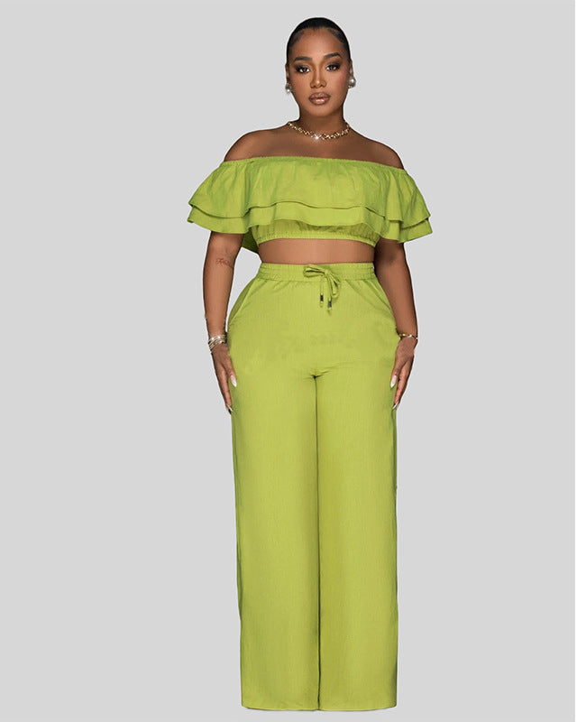 “Women Off-Shoulder 2-Piece Set – Ruffled Crop Top & Wide-Leg Pants”