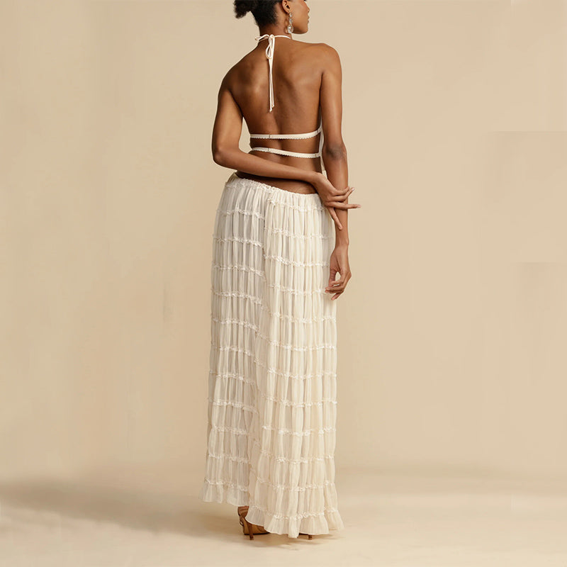 “2-Piece Women’s Summer Dress Set – Sexy Sleeveless Backless Cropped Halter Top & Pleated Long Skirt”