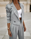 “Women’s Spring Striped Suit Set – Casual Lapel Cropped Top & Straight Pants Outfit”